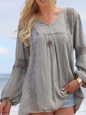 Anandas Collection Boho Crochet Tunic Top XL Gray Peasant Festival Hippie Gauze